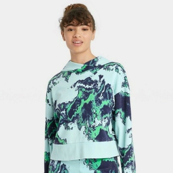 Joy Lab Green Purple Blue Marbled Galaxy Tie Dye Hoodie Hooded Sweatshirt M - Picture 1 of 9